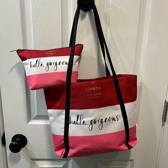 Clinique x kate spade Red, White & Pink Striped Tote with Matching Pouch - Picture 1 of 7